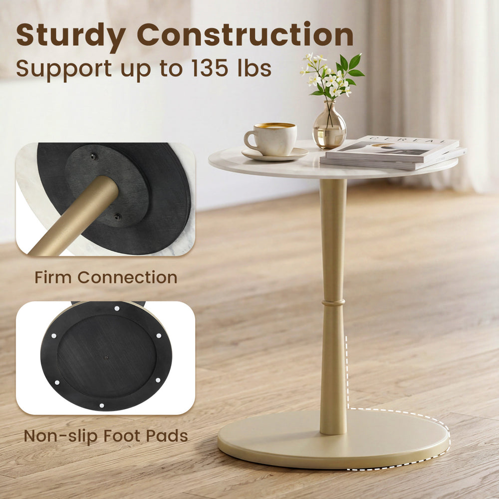 Round marble side table with stone finish and wooden base, featuring non-slip foot pads for stability in small spaces.