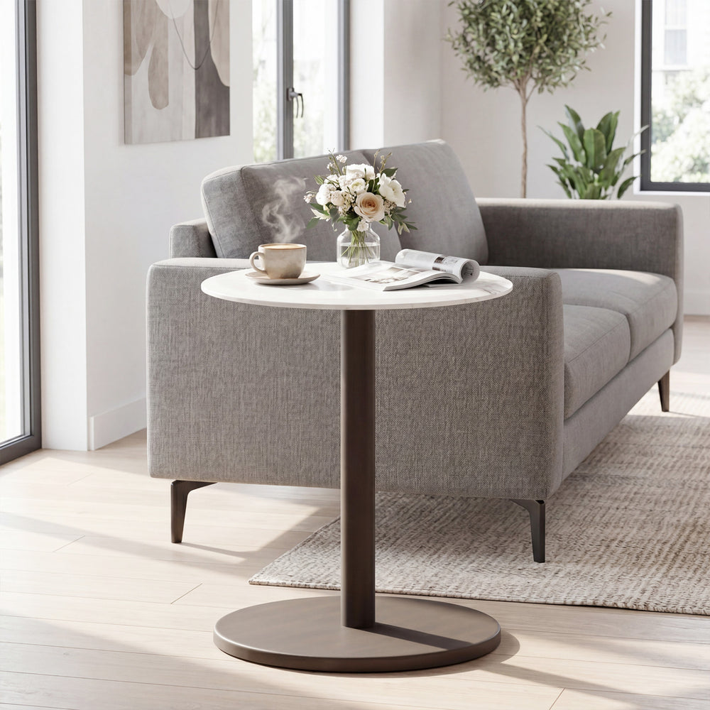 Round marble side table with a stone finish, featuring a wooden base in black and white, ideal for modern living spaces.