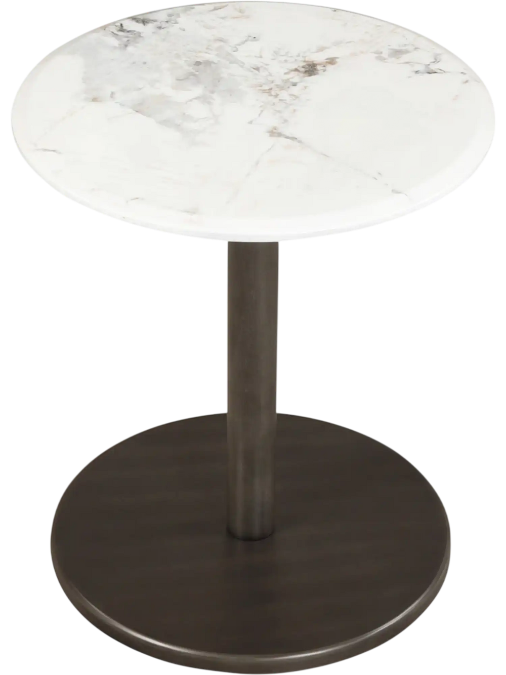 Round marble side table with a stone finish and a black wooden pedestal base, perfect for modern living spaces.