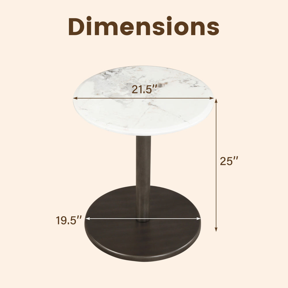 Round marble side table with a stone finish, featuring a black wooden pedestal, dimensions 21.5" x 25" x 19.5".