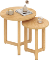 Round nesting coffee table set of 2 in natural wood with thickened tops, perfect for versatile living room use.