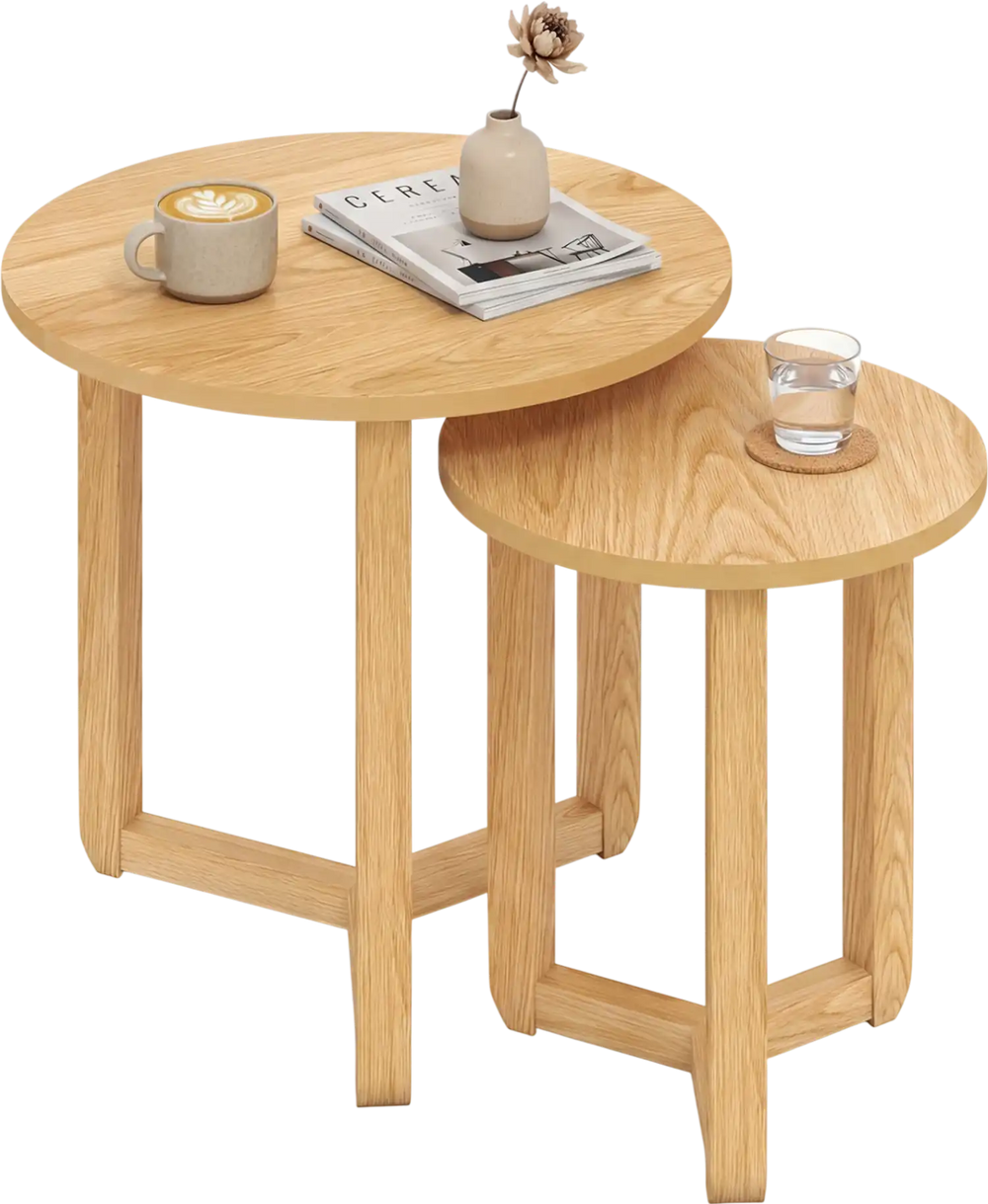 Round nesting coffee table set of 2 in natural wood with thickened tops, perfect for versatile living room use.
