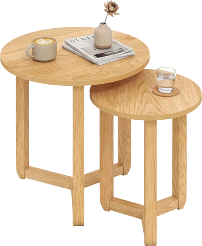 Costway Round Nesting Coffee Table Set of 2 Wood End Tables Thick Top 94722764 New
