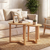 Round nesting coffee table set of 2 in natural rubber wood, featuring spacious tabletops for versatile living room use.