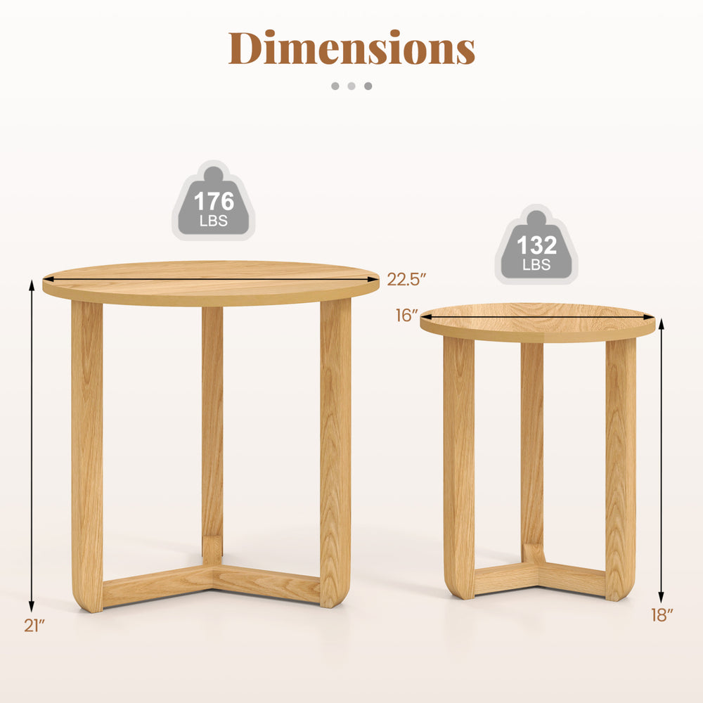 Dimensions of the round nesting coffee tables set, showcasing sizes of 21" and 18" for versatile living room.