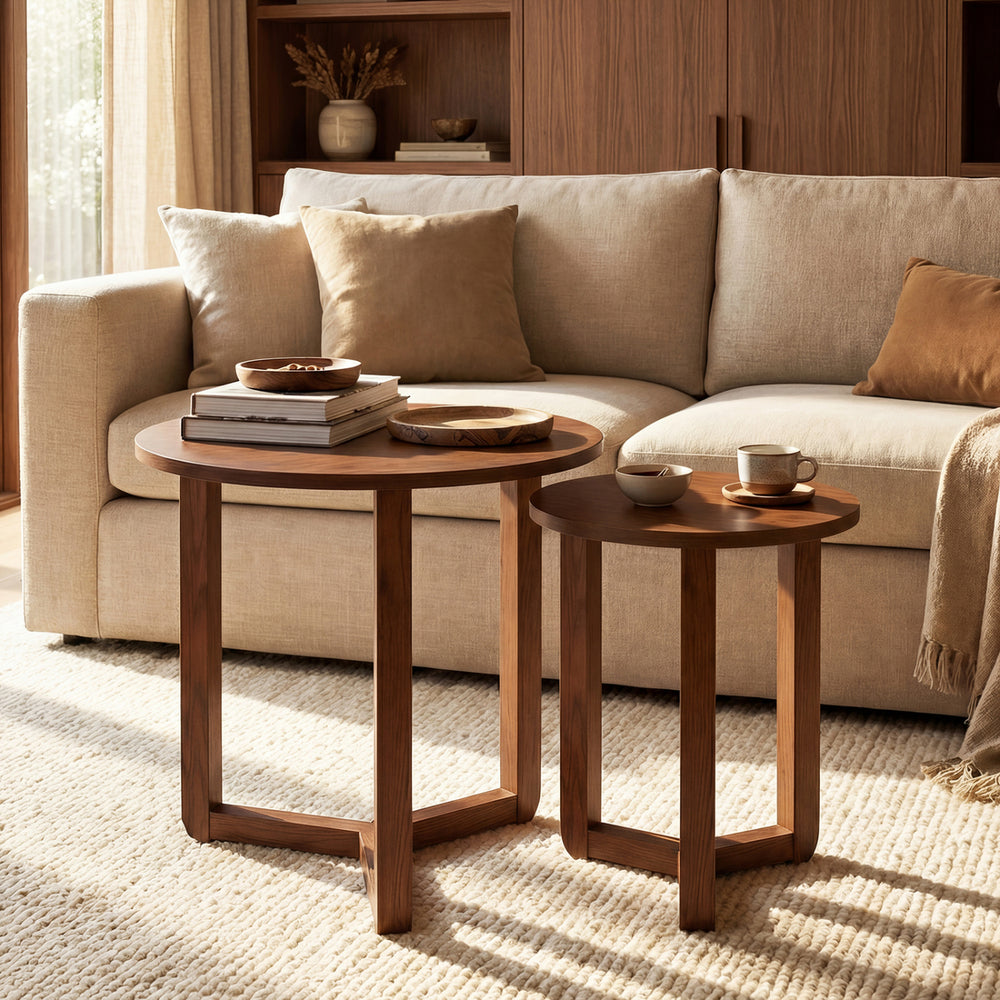 Round Nesting Coffee Table Set of 2 Wood Nesting End Tables with Thickened Top-Walnut - Gallery View 1 of 10