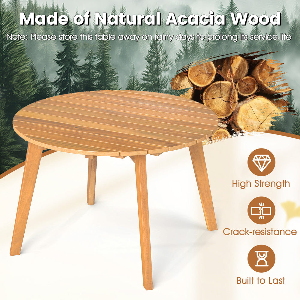Round outdoor acacia wood side table with slatted tabletop, featuring a natural finish for patio or garden use.