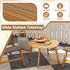 Round outdoor acacia wood side table with wide slatted tabletop, perfect for patio or garden use.