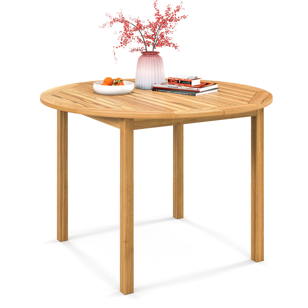 Round outdoor dining table made of acacia wood, spacious for 4, perfect for yard or garden gatherings.
