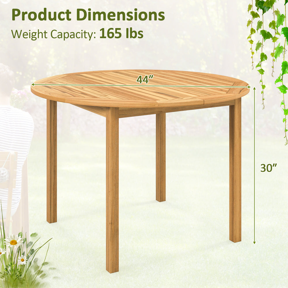Round outdoor dining table made of acacia wood, 44" diameter, 30" height, suitable for 4 persons, ideal for gardens.
