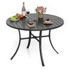 Round 42.5-inch black metal slat patio dining table with umbrella hole, ideal for outdoor gatherings and dining.