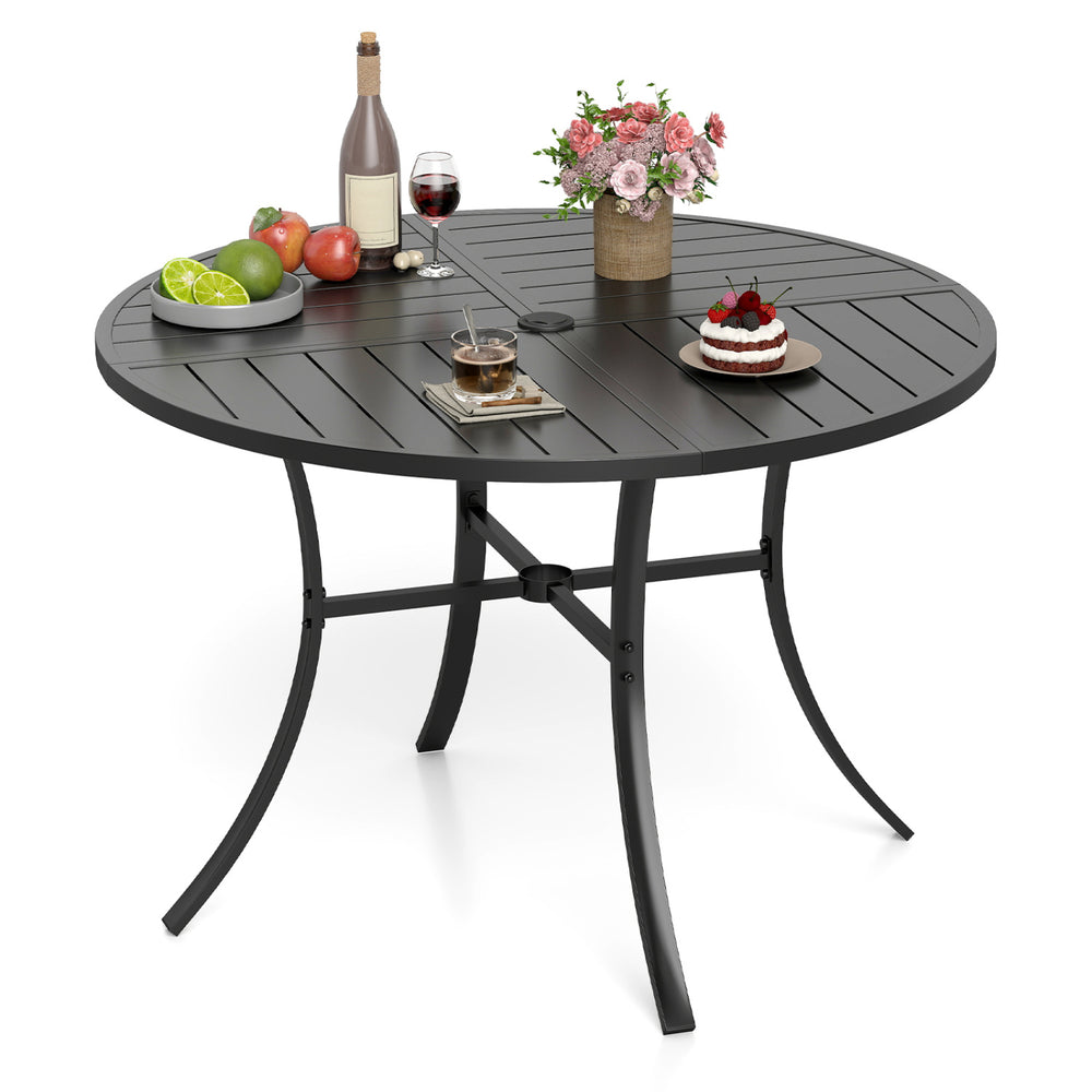 Round 42.5-inch black metal slat patio dining table with umbrella hole, ideal for outdoor gatherings and dining.