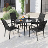 Round 42.5-inch black metal slat patio dining table with umbrella hole, perfect for outdoor seating and gatherings.