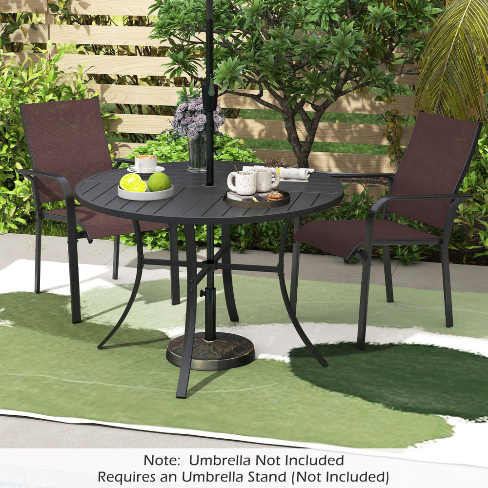 Round 42.5-inch black metal slat patio dining table with umbrella hole, perfect for outdoor dining on lawns or gardens.