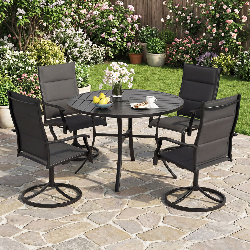 Round 42.5-inch black metal slat patio dining table with umbrella hole, perfect for gardens and outdoor dining.