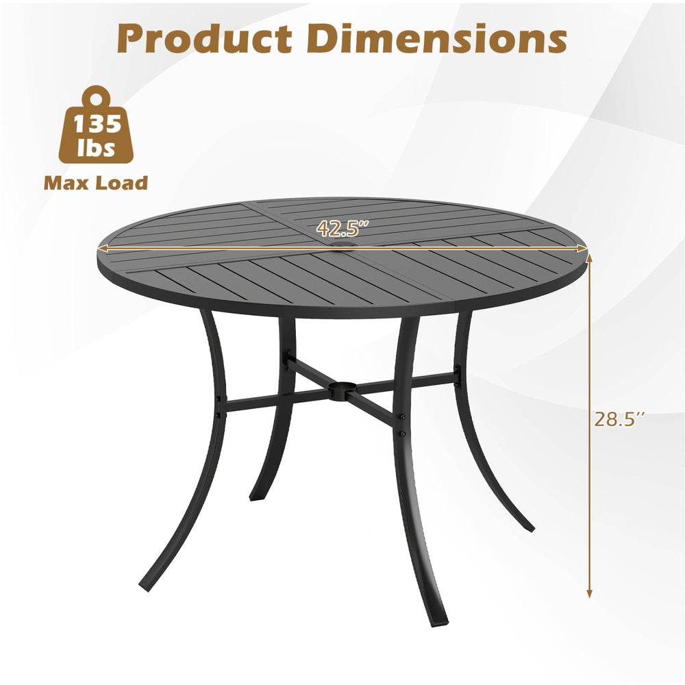 Round 42.5-inch black metal slat patio dining table with umbrella hole, supports 135 lbs, ideal for outdoor use.
