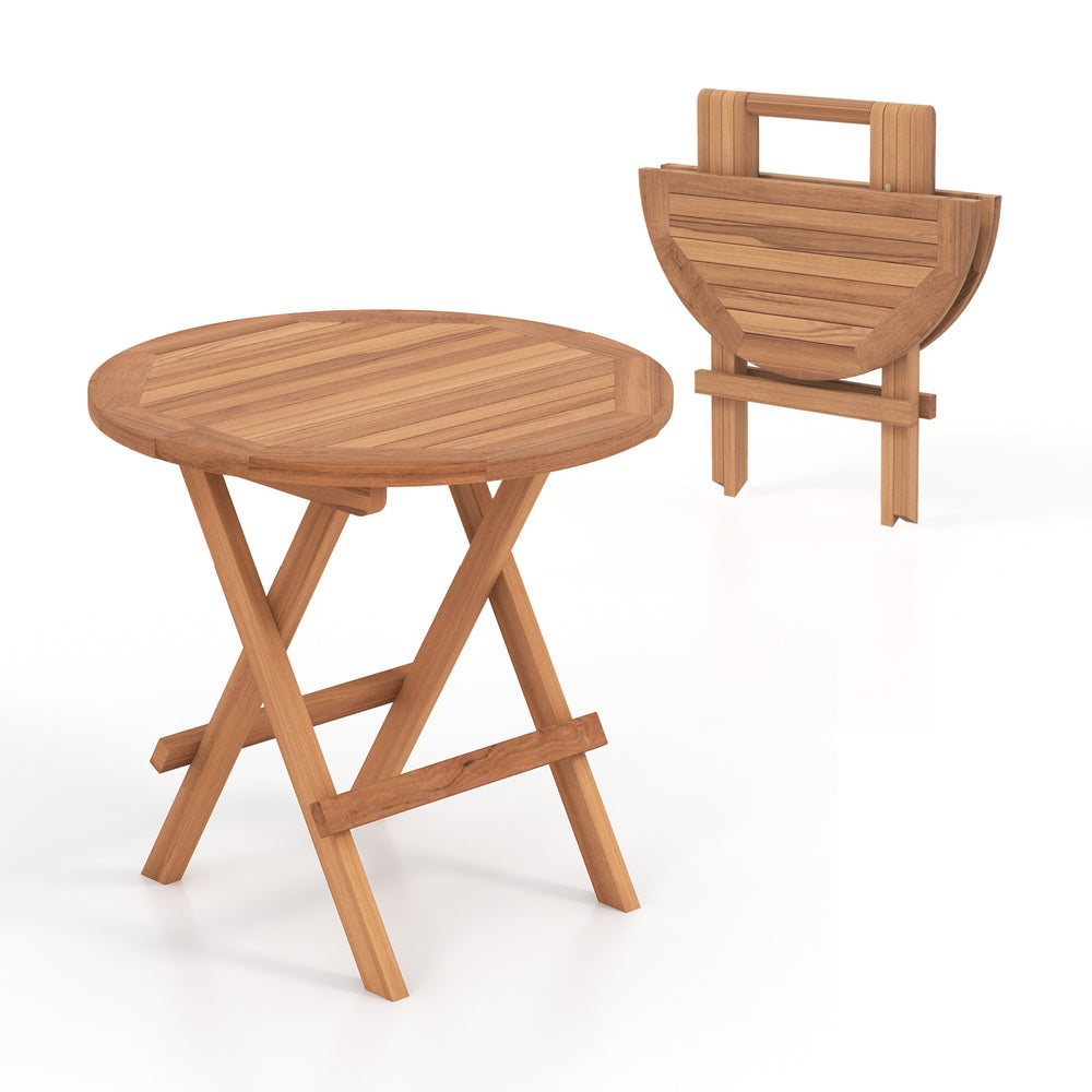 Round patio folding coffee table made of teak wood with slatted tabletop, ideal for camping and backyard use.