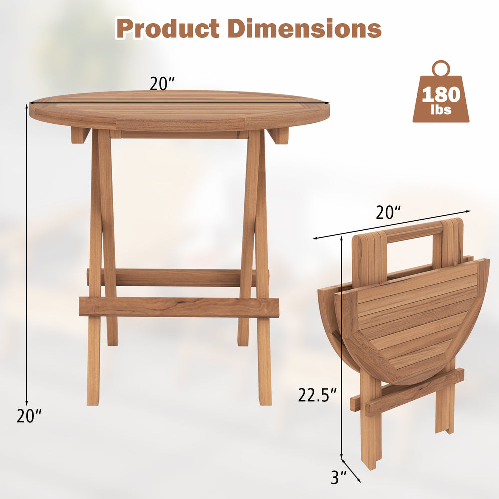 Round patio folding coffee table made of teak wood, featuring slatted tabletop and compact design for easy storage.
