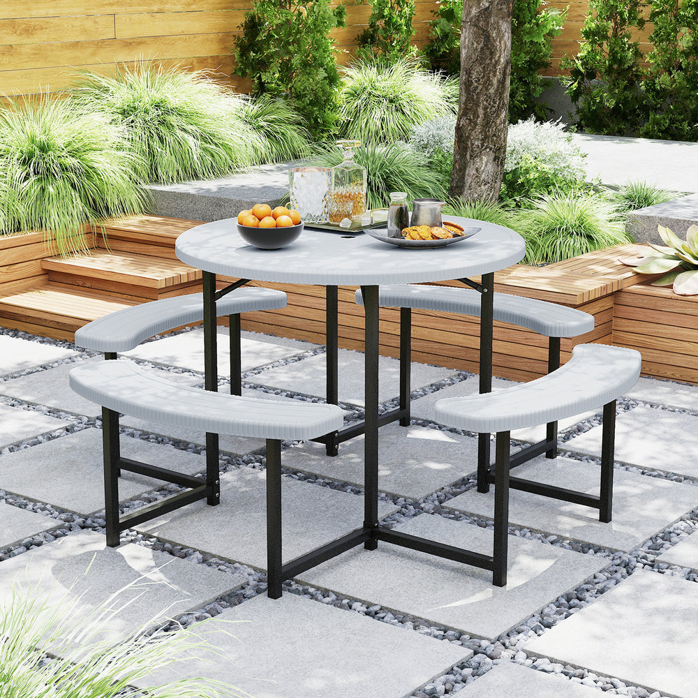 Round Picnic Table Bench Set with 4 Benches and Umbrella Hole for Patio Lawn-White - Gallery View 1 of 10