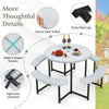 Round picnic table set with 4 benches, waterproof HDPE surface, and sturdy metal legs, ideal for patio gatherings.