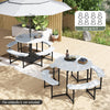 Round picnic table bench set with 4 benches, waterproof HDPE top, seats up to 8, ideal for patio or lawn use.