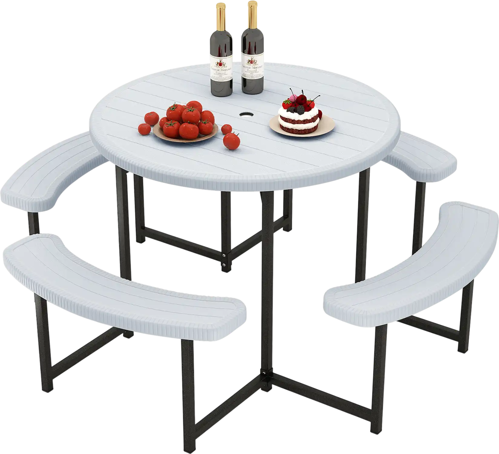 Costway Round Picnic Table Bench Set w/ 4 Benches Umbrella Hole Patio Lawn 752419368 New