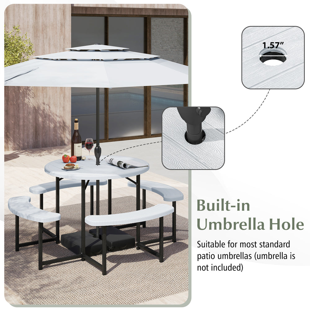 Round picnic table bench set with 4 benches, waterproof HDPE top, and built-in umbrella hole for patio or lawn use.