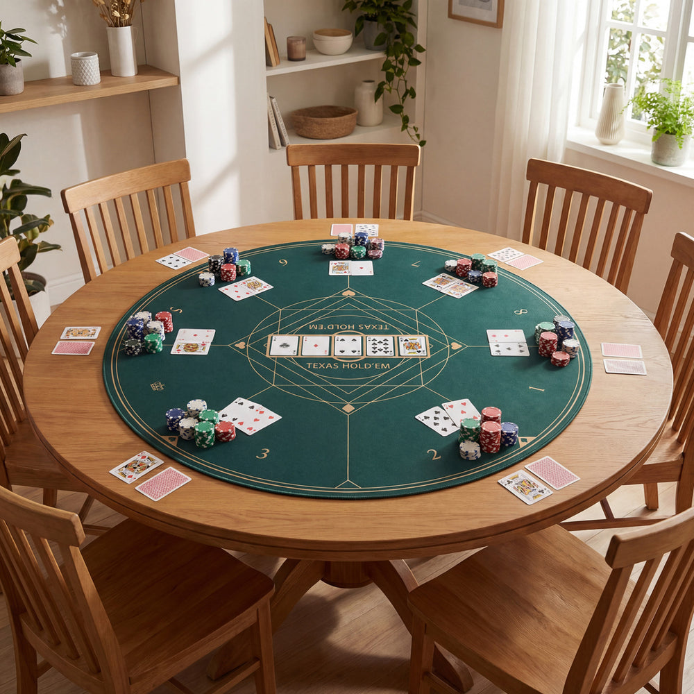Round poker mat for Texas Hold'em, 40-inch green anti-slip design, perfect for 6-8 players in a home setting.