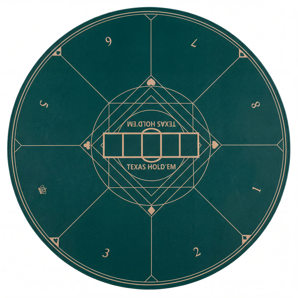 Round poker mat for Texas Hold'em, 40-inch green layout with durable high-density fabric, ideal for portable gaming.