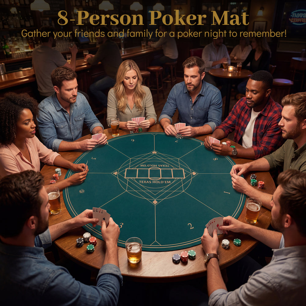 Round 40-inch poker mat with anti-slip rubber base, perfect for Texas Hold'em games with 6-8 players.
