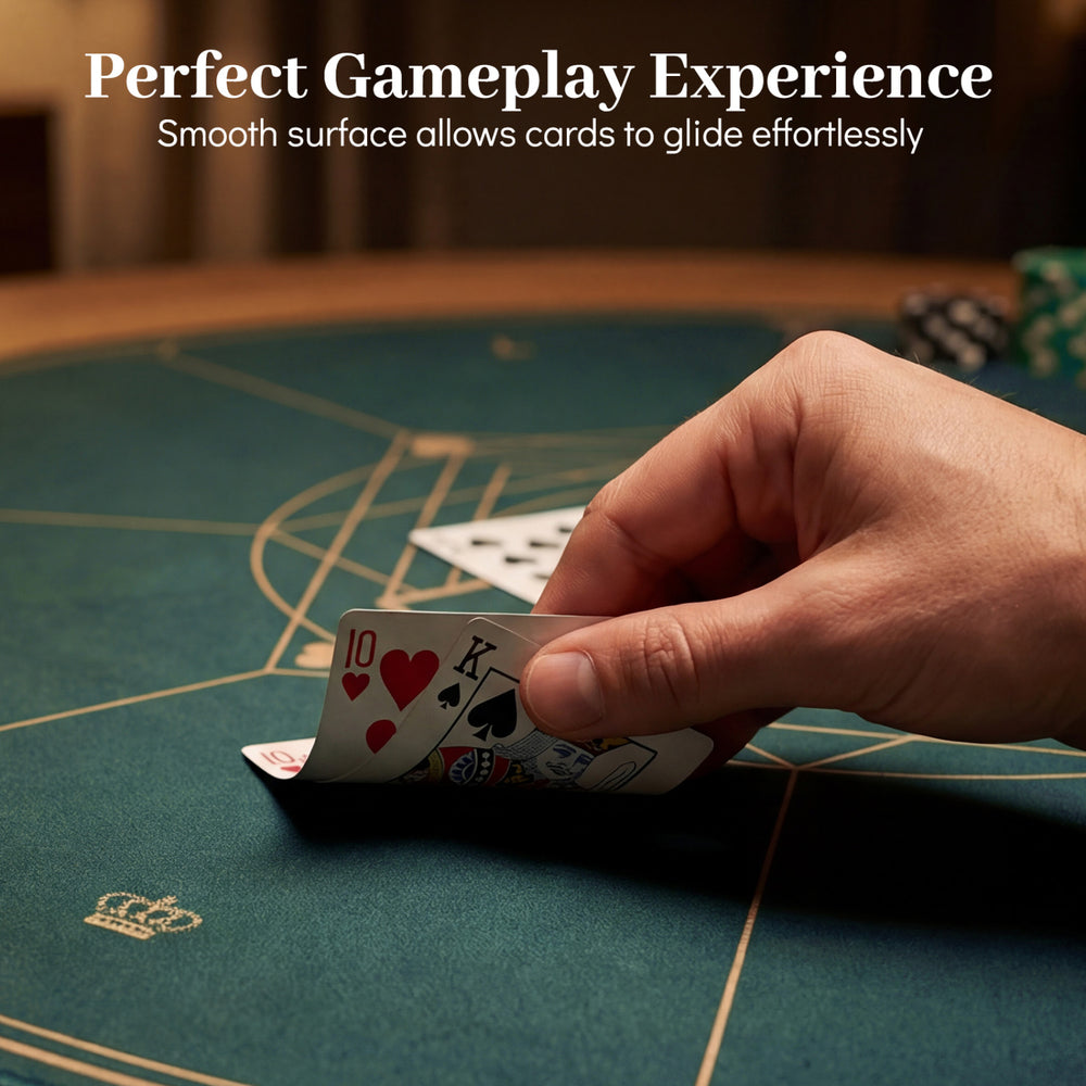 Round poker mat with anti-slip rubber base, 40-inch green layout for Texas Hold'em, perfect for 6-8 players.