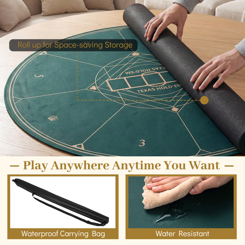 Round green poker mat for Texas Hold'em, 40-inch, with anti-slip rubber base and portable carrying bag for easy storage.