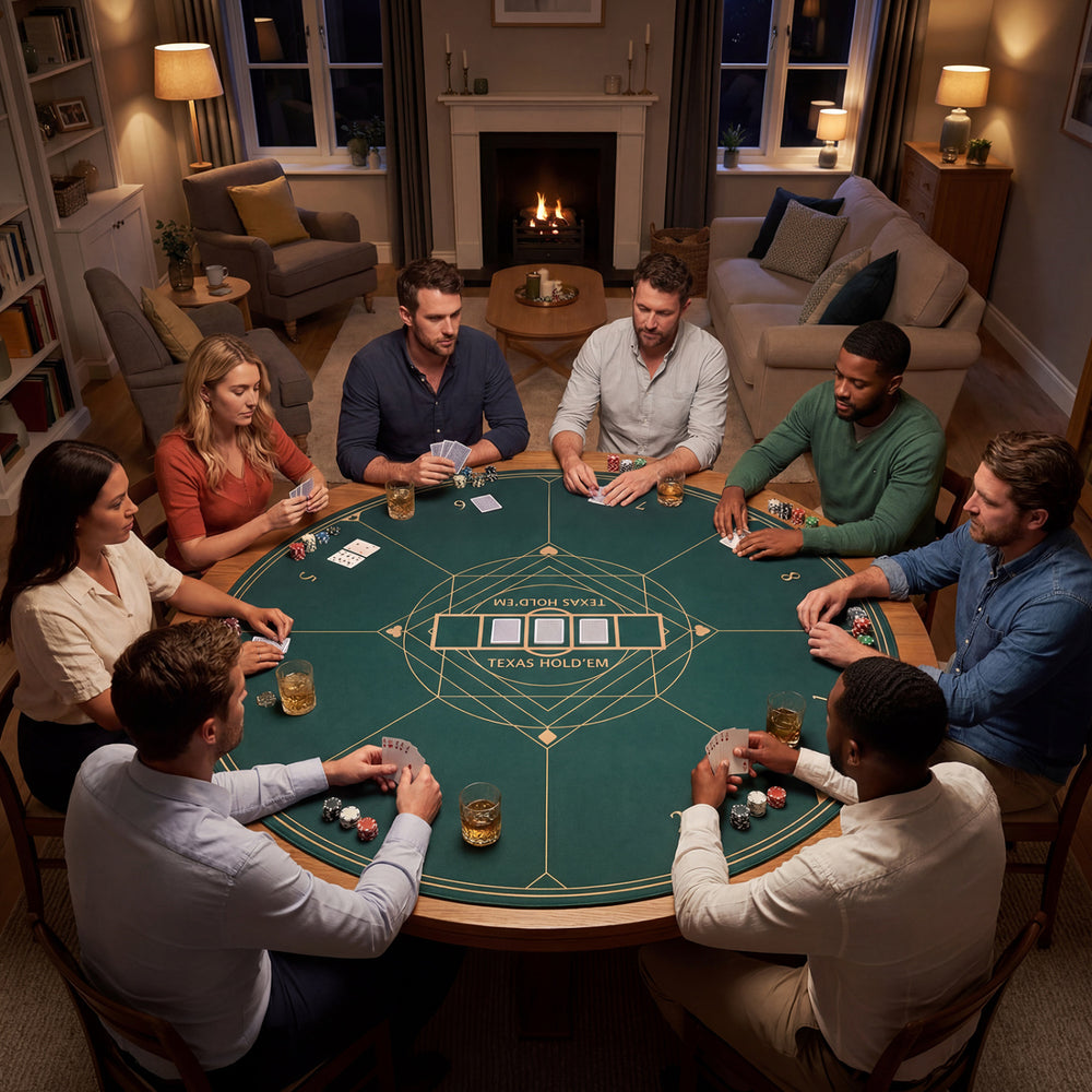 Round poker mat for Texas Hold'em, 55-inch green layout, featuring anti-slip rubber base for secure gameplay.