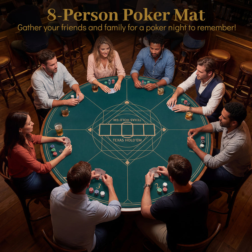 Round poker mat for Texas Hold'em, 55-inch green design, featuring a rubber base for secure gameplay with friends.