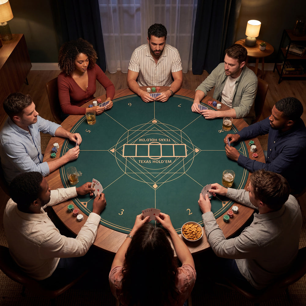 Round poker mat for Texas Hold'em, 47", green, with rubber base and carrying bag, perfect for 6-8 players.