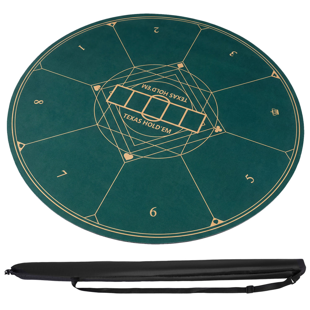 Round poker mat for Texas Hold'em, 47" green with rubber base and carrying bag, ideal for 6-8 players.