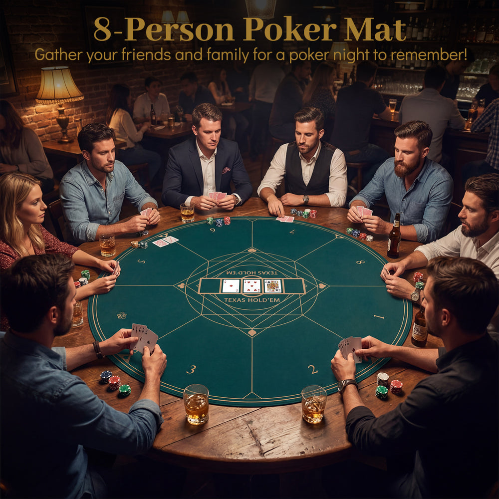 Round 47" poker mat for Texas Hold'em, featuring a rubber base and carrying bag, perfect for 8-player games.