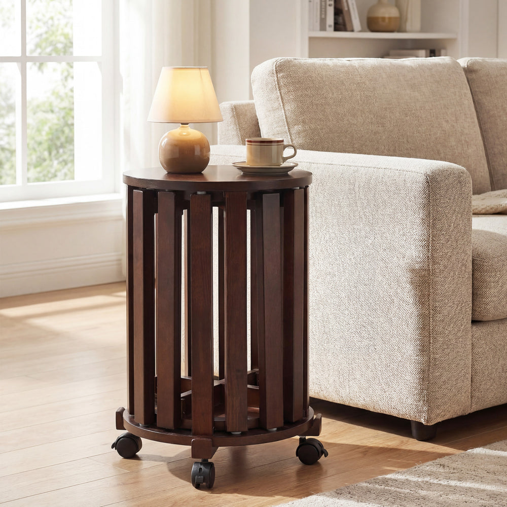 Round Portable Wood Nesting Stools with Locking Casters-Walnut - Gallery View 1 of 11