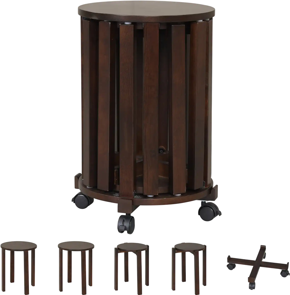 Round portable wood nesting stools in walnut with locking casters, ideal for small spaces and easy mobility.