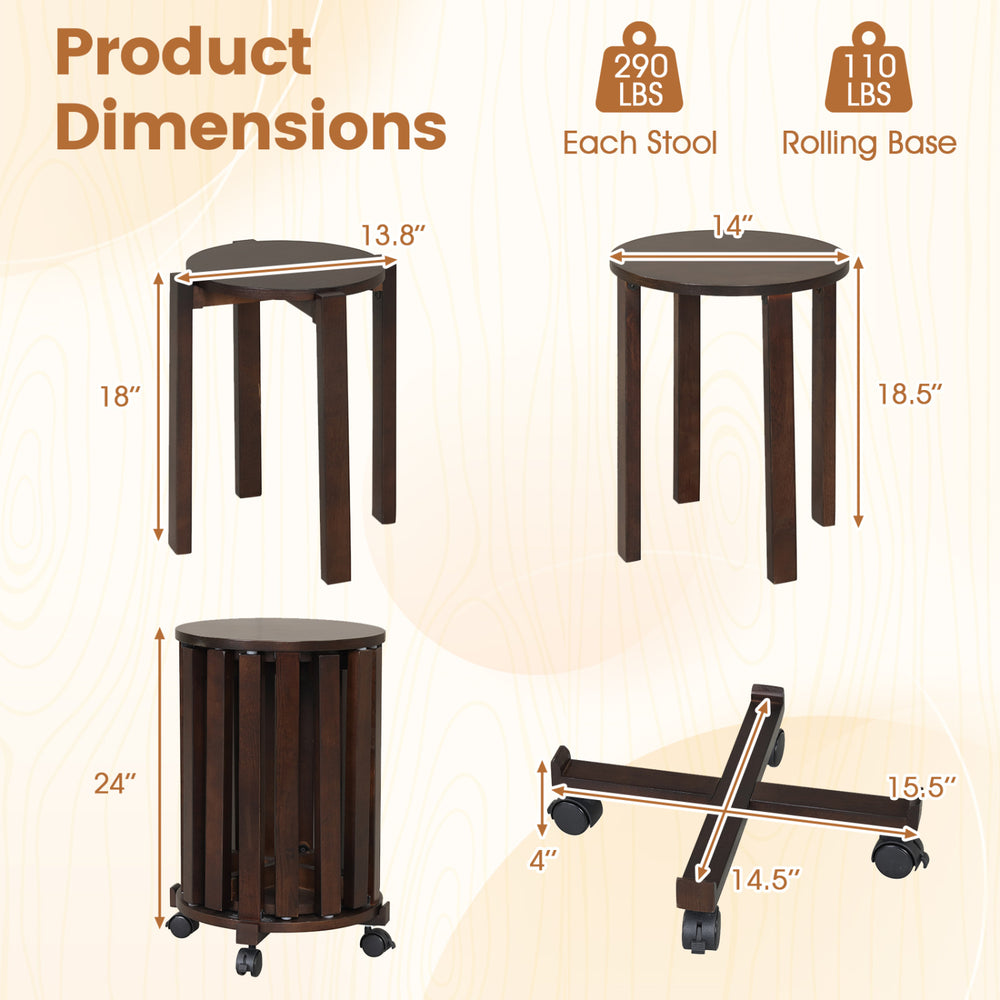 Round portable wood nesting stools in walnut with locking casters, featuring stackable design for space-saving.