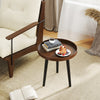 Mid Century Modern round side coffee table with wooden tray, brown finish, ideal for living room or office use.