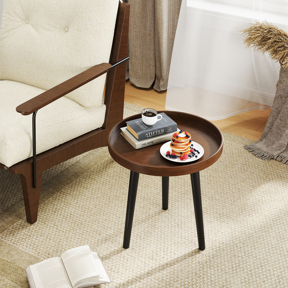 Mid Century Modern Round Side Sofa Coffee Table with Wooden Tray-Brown - Gallery View 1 of 10