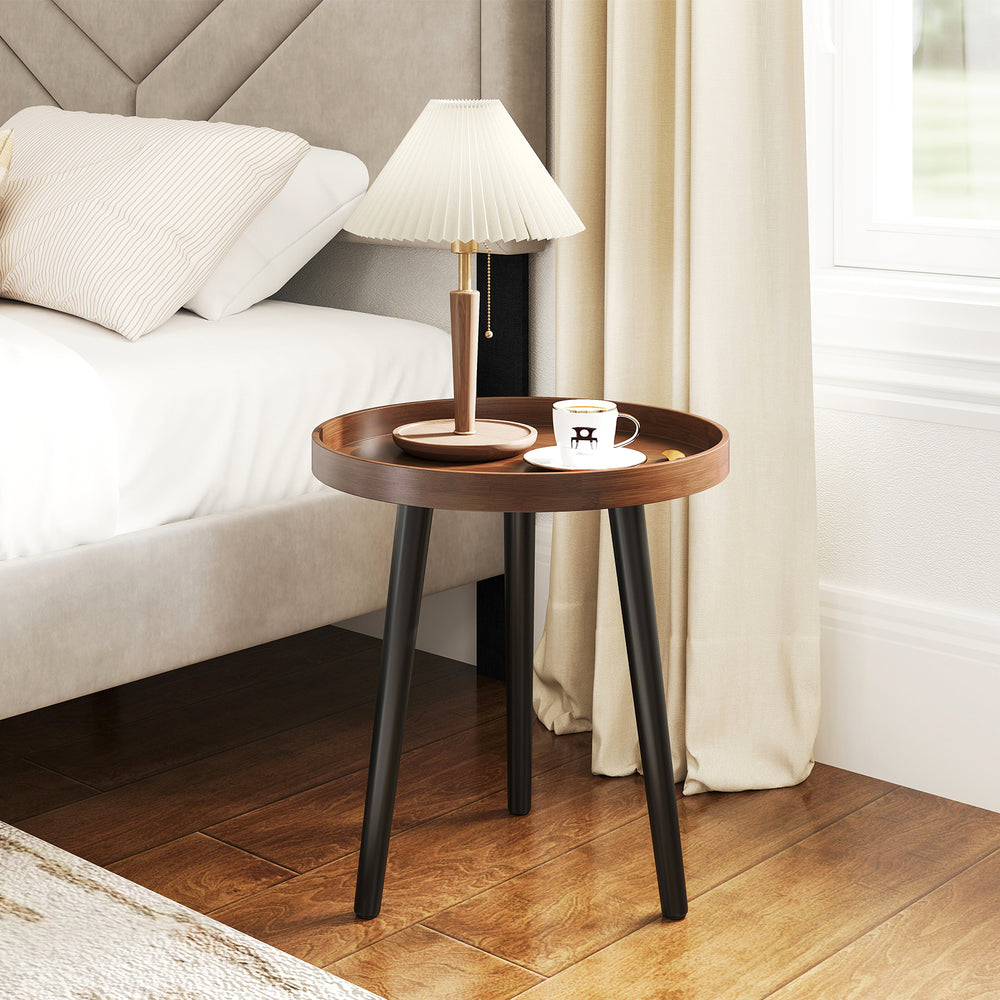 Round side coffee table with wooden tray and bamboo legs, perfect as a nightstand or in small spaces.
