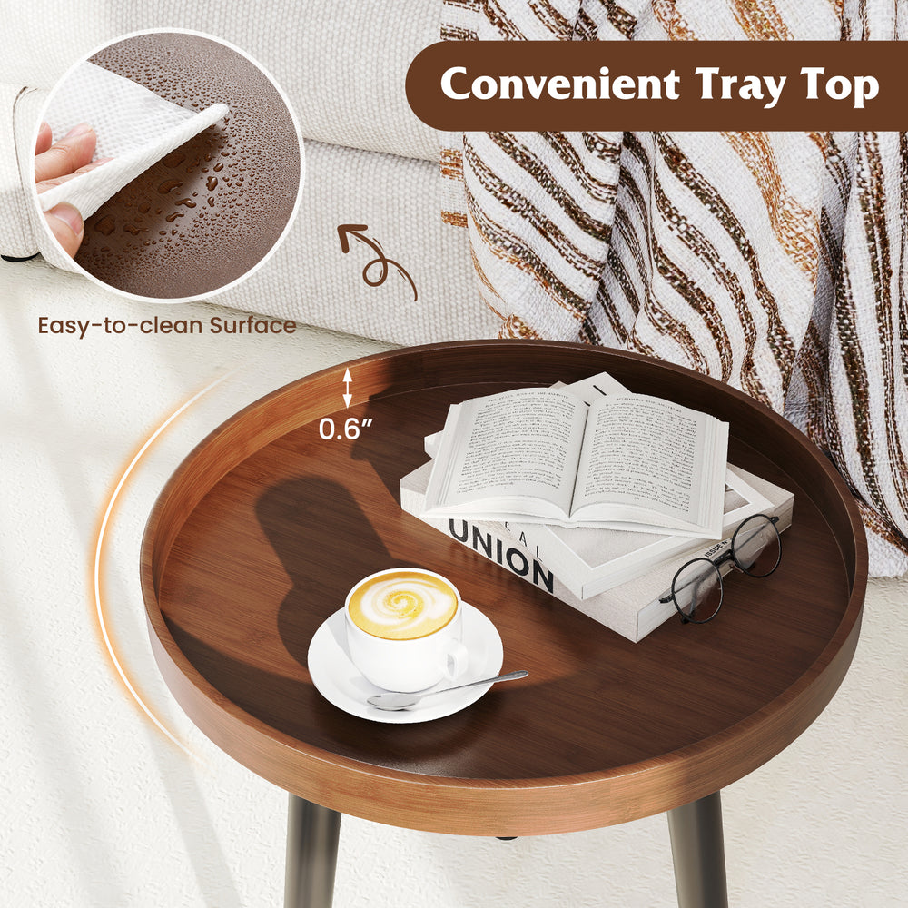 Round side coffee table with wooden tray, brown finish, easy-to-clean surface, perfect for living room or office use.