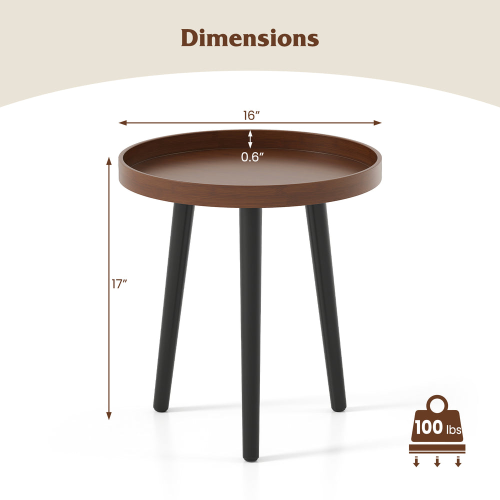 Mid Century Modern round side coffee table with brown wooden tray and black bamboo legs, ideal for living room or.