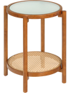 Round side table with tempered glass top and PE rattan shelf, perfect for living room or bedroom organization.
