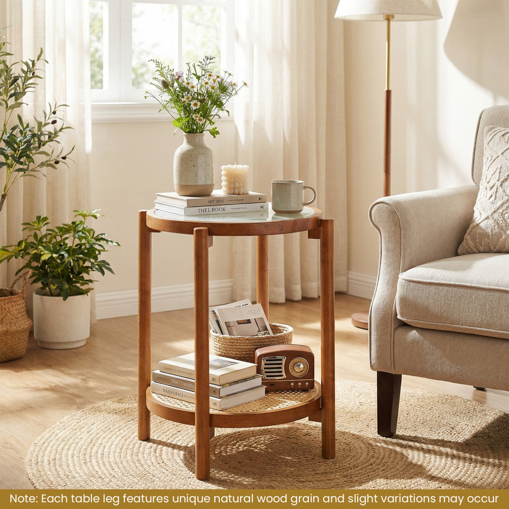 Round Side Table 2-Tier Boho End Table with Tempered Glass Top-Walnut - Gallery View 1 of 9