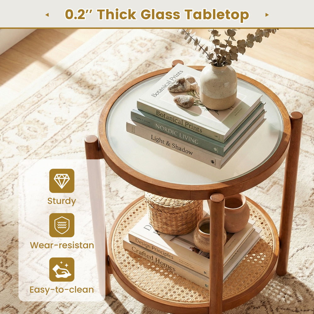 Round side table with 0.2" thick tempered glass top and PE rattan shelf, perfect for living room or bedroom.