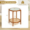 Round side table with tempered glass top and PE rattan shelf, featuring 2-tier storage for living room or bedroom use.