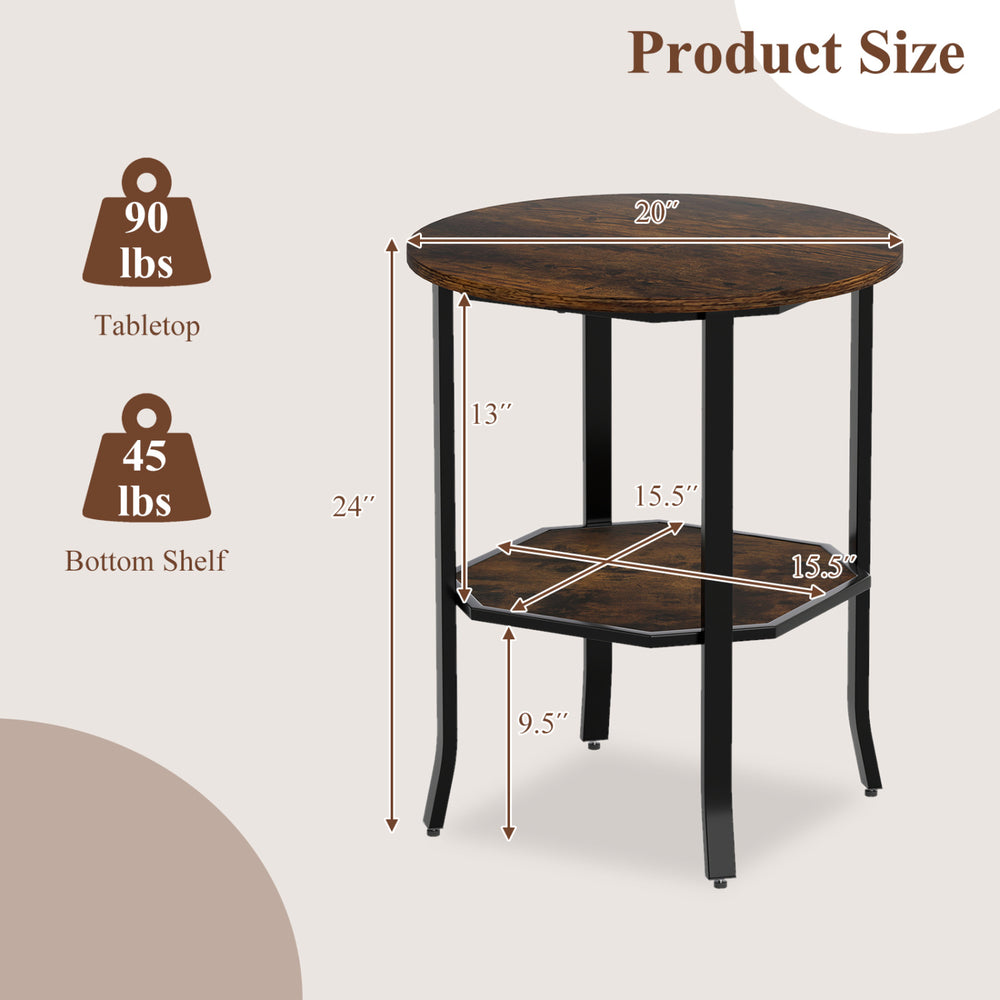 Round side table with rustic brown finish, featuring a 20" tabletop and 2-tier storage shelf for small spaces.
